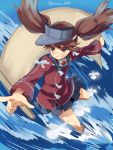  1girl brown_hair furrowed_eyebrows grin highres kantai_collection maruki_(punchiki) onmyouji pointing ryuujou_(kantai_collection) scroll shikigami smile solo twintails twitter_username water 