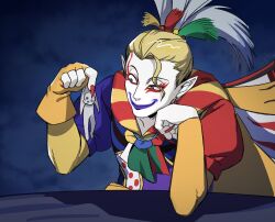  1boy 1other blonde_hair blue_background clown_makeup commentary_request earrings elbow_rest facepaint final_fantasy final_fantasy_vi fingerless_gloves fingernails giant gloves highres jewelry kefka_palazzo lifting_person makeup male_focus pointy_ears ponytail red_nails sharp_fingernails single_fingerless_glove single_glove size_difference smile soku1207 uneven_eyes yellow_gloves 