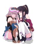  2girls atelier_(series) atelier_meruru atelier_totori bare_shoulders black_hair black_panties blonde_hair blush detached_sleeves hair_ornament long_sleeves maromi_(am97) mimi_houllier_von_schwarzlang multiple_girls panties pantyshot pantyshot_(sitting) pink_eyes ponytail shirt sitting skirt smile tears thigh-highs totooria_helmold underwear white_legwear wide_sleeves yuri 