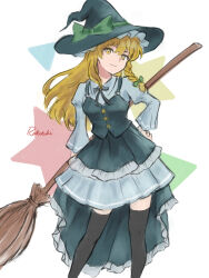  1girl alternate_costume apron black_apron black_hat black_thighhighs black_vest blonde_hair blue_shirt blue_skirt bow braid broom closed_mouth commentary_request contrapposto feet_out_of_frame green_bow hair_bow hat hat_bow highres holding holding_broom ilstraight_mima kirisame_marisa long_hair long_sleeves looking_at_viewer shirt side_braid simple_background single_braid skirt smile solo star_(symbol) thigh-highs touhou vest waist_apron white_background witch_hat yellow_eyes 