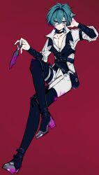  1boy ahe63011 ahoge arm_up belt belt_collar black_belt blood blood_on_face blood_on_hand blood_on_shoes buttons choker collar collarbone collared_shirt colored_blood commentary crossed_legs dagger genshin_impact green_hair hair_between_eyes hair_intakes hand_in_own_hair hand_up highres holding holding_dagger holding_knife holding_weapon knife lapels lohen_(genshin_impact) lohen_(standardized_test)_(genshin_impact) looking_at_viewer male_focus mole mole_under_eye multicolored_eyes official_alternate_costume open_collar pants pink_blood pinstripe_pattern pinstripe_vest pocket red_background shirt short_hair sitting smile solo vest waistcoat weapon white_pants white_shirt 
