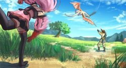  1boy 1girl black_boots blue_sky boots breasts brown_hair claude_von_riegan claude_von_riegan_(timeskip) clouds commentary day dragon elbow_gloves english_commentary fire_emblem fire_emblem:_three_houses from_behind gloves hilda_valentine_goneril hilda_valentine_goneril_(timeskip) jewelry knee_boots long_hair outdoors pink_eyes pink_hair red_gloves sky slice_of_life standing thigh_boots throwing tree vetsa wyvern 