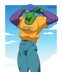  1boy adjusting_clothes adjusting_headwear artist_name backwards_hat baseball_cap blue_pants clouds colored_skin commentary denim dragon_ball dragon_ball_z english_commentary feet_out_of_frame frown green_skin hat highres jeans layered_sleeves long_sleeves male_focus official_alternate_costume otagothic pants pectoral_cleavage pectorals piccolo pointy_ears shirt short_over_long_sleeves short_sleeves solo yellow_shirt 