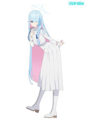  1girl aiguillette artist_name blue_archive blue_eyes blue_hair blue_halo boots braid chinese_commentary colored_inner_hair commentary_request from_side full_body general_student_council_president_(blue_archive) hair_over_one_eye halo hand_on_own_chest hand_up highres leaning_forward lemon_tea_(15058751917) long_hair long_sleeves looking_at_viewer multicolored_hair pink_hair simple_background single_braid skirt smile solo standing standing_on_one_leg two-tone_hair very_long_hair white_background white_boots white_skirt 