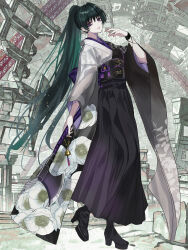  1girl axe bell black_shoes floral_print green_hair highres holding holding_axe japanese_clothes kazuka_nii kimono long_hair looking_at_viewer ponytail root_eden shachi_(k_uotr) shoes two-tone_kimono very_long_hair violet_eyes wide_sleeves 