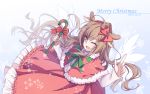  1girl aisaka_taiga antlers brown_eyes brown_hair candy candy_cane christmas dress long_hair one_eye_closed reindeer_antlers sack shawl toradora! transistor wings 