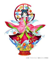 1girl absurdres artist_name black_hair blue_eyes chinese_clothes commentary_request copyright_name double_bun floral_print flower full_body hair_bun highres kusuriya_no_hitorigoto long_hair looking_at_viewer maomao_(kusuriya_no_hitorigoto) mika_pikazo solo twintails 