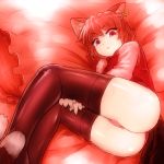  1girl animal_ears ass brown_legwear cat_ears cat_tail chen dress ear_piercing jewelry long_sleeves looking_at_viewer lying on_side piercing red_dress red_eyes redhead shirosato shirt single_earring slit_pupils solo tail thigh-highs touhou 