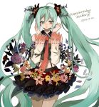  1girl aqua_hair detached_sleeves dress flower flower_wreath green_eyes green_hair hair_flower hair_ornament happy_birthday hatsune_miku long_hair necktie smile solo tsukioka_tsukiho twintails very_long_hair vocaloid 