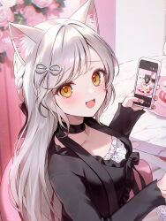  1girl :3 animal_ear_fluff animal_ears black_choker black_shirt blonde_hair blush bow braid breasts cat_ears choker collarbone commentary_request fangs from_side grey_hair hair_bow hair_ornament heart heart_in_eye highres holding holding_phone long_hair long_sleeves looking_at_viewer momoshiki_tsubaki open_mouth orange_eyes original phone red_nails shirt small_breasts solo symbol_in_eye upper_body white_shirt 