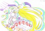  1girl bow choker color_trace cure_rhythm frills heart highres jewelry long_hair looking_at_viewer looking_back magical_girl minamino_kanade musical_note partially_colored precure puffy_sleeves ribbon sketch skirt smile solo suite_precure traditional_media 