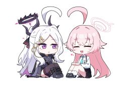  2girls ^_^ ahoge aqua_necktie black_halo black_horns black_jacket blue_archive brown_thighhighs chibi chibi_only closed_eyes commentary_request full_body hair_ornament hairclip halo highres hina_(blue_archive) horns hoshino_(blue_archive) huge_ahoge jacket kiroshi korean_commentary long_hair long_sleeves looking_at_another multiple_girls necktie pink_hair shirt sitting thigh-highs violet_eyes white_hair white_halo white_shirt 