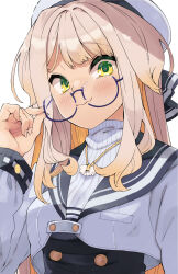  1girl adjusting_eyewear blonde_hair blush commentary_request glasses gradient_hair green_eyes hat highres long_hair looking_at_viewer multicolored_hair necktie nijisanji sailor_collar sailor_hat semi-rimless_eyewear shioriha_ruri shioriha_ruri_(3rd_costume) solo taker_(flamestorm) under-rim_eyewear virtual_youtuber white_background 