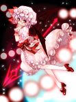  1girl bat_wings danmaku dress frills hand_to_own_mouth harrymiao highres lavender_hair looking_back mob_cap nail_polish red_eyes remilia_scarlet shoes short_hair solo spear_the_gungnir touhou wings wrist_cuffs 