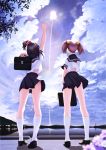  2girls black_hair brown_hair clouds liftoff multiple_girls nanahime_(aoi) original panties pantyshot pantyshot_(standing) rocket school_uniform serafuku short_hair sky standing underwear upskirt 