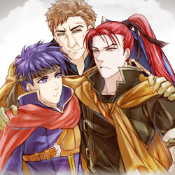  3boys blue_eyes blue_hair brown_eyes brown_hair closed_mouth commentary_request father_and_child father_and_son fire_emblem fire_emblem:_path_of_radiance greil hand_on_another's_shoulder headband ike_(fire_emblem) long_hair male_focus multiple_boys parent_and_child ponytail qgame red_hair scar scar_on_face scar_on_forehead shinon_(fire_emblem) short_hair 