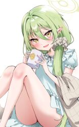  1girl blue_archive blue_pajamas commentary_request cup fang green_hair green_halo hair_down hair_ornament hair_scrunchie halo highlander_railway_academy_logo highres holding holding_cup long_hair looking_at_viewer low_side_ponytail mizuhane_(mizuhane_miu) nightgown nozomi_(blue_archive) nozomi_(kujibikido)_(blue_archive) official_alternate_costume pajamas plaid_clothes plaid_shawl pointy_ears scrunchie shawl side_ponytail sitting skin_fang smile solo white_background 