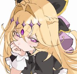  1girl antenna_hair black_capelet blonde_hair blush capelet commentary_request cure_arcana_shadow diamond_hairband frilled_capelet frilled_cuffs frills hair_intakes hand_on_own_cheek hand_on_own_face highres long_hair magical_girl meitantei_precure! moria_luluka pink_eyes pout precure purple_veil purple_wrist_cuffs sa_3987 solo veil very_long_hair wrist_cuffs 