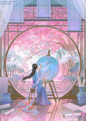  1girl architecture canvas_(object) chinese_clothes day easel east_asian_architecture falling_petals flower full_body hanfu holding holding_paint_palette long_hair maxine_vee original outdoors paint_palette paintbrush painting_(action) painting_(object) pastel_colors patreon_username petals pink_petals pink_theme scenery scroll sitting spring_(season) tree 