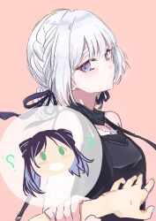  2girls ? absurdres black_dress black_ribbon blue_eyes blue_nails blush braid cho_kaguya-hime! closed_mouth commentary cone_hair_bun dark-skinned_female dark_skin dress gradient_eyes green_eyes hair_bun hair_ribbon highres holding_another's_wrist long_hair multicolored_eyes multiple_girls nail_polish open_mouth pink_hair ribbon runami_yachiyo sakayori_iroha simple_background uhi_(96172181) untranslatable_commentary violet_eyes 