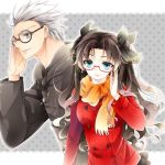  1boy 1girl archer bespectacled blue_eyes brown_hair fate/stay_night fate_(series) glasses hair_ribbon rayca01 ribbon scarf toosaka_rin two_side_up white_hair 