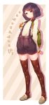  1girl :/ backpack bag english fangxiang_cuoluan full_body hair_ornament hairclip highres original purple_hair red_legwear shoes shorts silhouette sleeves_past_wrists solo stirrup_thighhighs striped striped_background suspenders sweater thigh-highs violet_eyes 