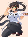  1girl asa_no_ha black_hair breasts food green_eyes homura_(senran_kagura) large_breasts long_hair looking_at_viewer pizza ponytail senran_kagura senran_kagura_(series) simple_background smile solo very_long_hair 