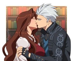  1boy 1girl artist_name black_coat black_gloves blue_eyes bookshelf breasts brown_hair closed_eyes coat commentary devil_may_cry_(series) devil_may_cry_5 fingerless_gloves gloves grey_hair hetero highres lady_in_red_(devil_may_cry) large_breasts lips long_hair otagothic smile untranslatable_commentary vergil_(devil_may_cry) wavy_hair 