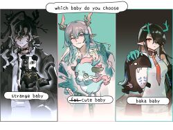  1girl 2boys absurdres animal arknights bare_shoulders bitey_(arknights) black_cat black_hair brother_and_sister brothers cat closed_mouth colored_extremities commentary_request dragon dragon_boy dragon_girl dragon_horns dusk_(arknights) eastern_dragon_horns english_text green_hands green_horns hair_between_eyes hair_over_one_eye highres holding holding_animal holding_cat horns long_hair looking_at_viewer multicolored_hair multiple_boys one_eye_closed pointy_ears red_eyes siblings smile streaked_hair wang_(arknights) yao_krr yi_(arknights) 