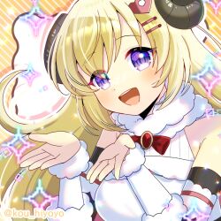  1girl :d bare_shoulders blonde_hair blush breasts commentary_request dress hair_ornament hairclip hands_up hololive horns kou_hiyoyo medium_breasts pixelated sheep_horns smile solo sparkle tsunomaki_watame tsunomaki_watame_(1st_costume) twitter_username upper_body violet_eyes virtual_youtuber white_dress 