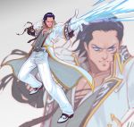  1boy black_hair blue_eyes claudio_serafino energy_arrow gloves hair_slicked_back long_coat pants seeso2d short_hair solo tekken tekken_7 white_gloves zoom_layer 