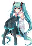  1girl aqua_eyes aqua_hair black_boots blush boots detached_sleeves hatsune_miku headphones highres long_hair long_sleeves looking_at_viewer microphone necktie pleated_skirt pout sitting skirt solo tanuma_(tyny) thigh-highs thigh_boots twintails very_long_hair vocaloid 