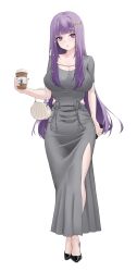  1girl absurdres bag breasts cellphone clothing_cutout commentary cup disposable_coffee_cup disposable_cup dress fern_(sousou_no_frieren) grey_dress hair_ornament handbag high_heels highres hip_vent hobble_dress holding large_breasts long_dress long_hair phone purple_hair ribbon shibasoda side_slit smartphone sousou_no_frieren untranslatable_commentary violet_eyes white_background 