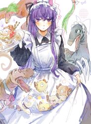  1girl apron bad_id bad_pixiv_id black_dress blush closed_mouth cowboy_shot crossed_bangs dinosaur dress food ge_dazuo hair_between_eyes highres holding holding_plate horns long_hair long_sleeves looking_at_viewer maid maid_headdress original pink_horns plate purple_hair solo violet_eyes wafer_stick white_apron 