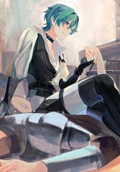  1boy absurdres arm_support arm_up belt black_belt black_boots black_choker black_gloves black_vest blue_hair boots choker closed_mouth collared_shirt commentary_request double-parted_bangs fingerless_gloves genshin_impact gloves hair_between_eyes hair_intakes highres holding knee_boots lapels leg_belt lohen_(genshin_impact) lohen_(standardized_test)_(genshin_impact) long_sleeves male_focus multicolored_eyes notched_lapels official_alternate_costume open_collar pouch shirt short_hair sino_22 sitting sitting_on_person smile solo_focus thigh_pouch vest white_shirt 