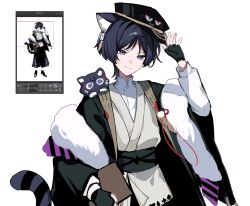  1boy alternate_costume animal animal_ear_fluff animal_ears animal_on_shoulder animalization black_gloves black_hat black_jacket black_sash blunt_ends c_ixxp cat cat_boy cat_ears closed_mouth earrings eyeshadow fingerless_gloves genshin_impact gloves hand_up hat highres jacket jewelry kemonomimi_mode long_sleeves looking_at_viewer makeup male_focus open_clothes open_jacket parted_bangs peaked_cap person_and_animalization pom_pom_(clothes) puffy_long_sleeves puffy_sleeves purple_cat purple_hair red_eyeshadow red_ribbon ribbon sash scaramouche_(cat)_(genshin_impact) scaramouche_(genshin_impact) shirt short_hair simple_background single_earring smile solo upper_body vest violet_eyes white_background white_shirt white_vest 