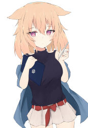  1girl :o absurdres black_shirt blue_jacket blush brown_hair commentary_request cowboy_shot drawing_tablet grey_skirt hair_between_eyes highres holding holding_stylus jacket long_hair looking_at_viewer nyaha open_clothes open_jacket original parted_lips pleated_skirt shirt short_sleeves simple_background skirt sleeveless sleeveless_shirt solo stylus violet_eyes white_background 