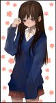  1girl blue_eyes brown_hair floral_print jumper long_hair original red_skirt school_uniform shirt simple_background skirt solo sweater tsukioka_tsukiho white_shirt 