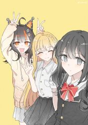  3girls absurdres ahoge animal_ear_headphones animal_ears artist_name black_hair black_skirt black_suit blonde_hair bow bowtie braid brown_sweater cat_ear_headphones cat_ears closed_eyes collared_shirt commentary eyeball_hair_ornament fake_animal_ears grey_eyes grey_skirt headphones highres kurobe_nanoka long_hair looking_at_viewer mahou_shoujo_no_majo_saiban multicolored_hair multiple_girls neck_ribbon open_mouth orange_eyes pleated_skirt red_bow ribbon saeki_miria sanlao1207 sawatari_coco sharp_teeth shirt short_hair signature skirt streaked_hair suit sweater teeth twintails untranslatable_commentary v waving white_shirt yellow_background 