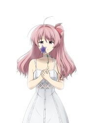  1girl antenna_hair bare_shoulders bra_strap breasts button_dress chaos;head choker dress flower flower_request formal_clothes hair_ribbon hands_on_own_chest highres holding holding_flower long_hair looking_at_viewer narrowed_eyes official_alternate_costume one_side_up otsukanolich pink_eyes pink_hair ribbon ribbon_choker sakihata_rimi science_adventure simple_background sleeveless sleeveless_dress small_breasts smile solo sundress very_long_hair white_background white_dress white_ribbon 