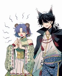  1boy 1girl animal_ears bare_shoulders black_cape black_hair blue_eyes blue_hair blush_stickers cape chinese_commentary closed_eyes commentary_request detached_sleeves dress fox_boy fox_ears frilled_sleeves frills green_dress green_sleeves highres low_ponytail open_mouth ponytail raccoon_ears raccoon_girl ranma_1/2 saotome_genma_(panda) saotome_ranma saotome_ranma_(male) short_hair tendou_akane tutu_bu_chi_cao_chi_qiangyao v-shaped_eyebrows white_background wide_sleeves 