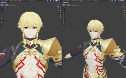  1boy 3d abs armor armored_shrug art_program_in_frame blender_(software) blonde_hair body_markings chain closed_mouth commentary_request earrings fate/stay_night fate_(series) gilgamesh_(fate) gilgamesh_(honkai:_star_rail)_(fate) highres honkai:_star_rail honkai_(series) jewelry long_sleeves male_focus multiple_views outstretched_arms pauldrons pectorals red_eyes short_hair shoulder_armor shrug_(clothing) single_pauldron smile spread_arms straight-on thellen42 toned toned_male 