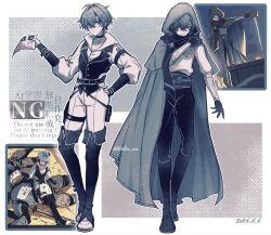  1boy ahoge belt belt_collar black_belt black_gloves black_pants buttons choker collar collarbone collared_shirt commentary_request dated earrings fingerless_gloves genshin_impact gloves green_hair grey_background hair_between_eyes hair_intakes hand_on_own_hip hand_on_own_shoulder hand_up highres holding holding_paper hood hood_up jewelry lapels limited_palette lohen_(genshin_impact) lohen_(standardized_test)_(genshin_impact) male_focus mole mole_under_eye official_alternate_costume official_art_inset open_collar pants paper pinstripe_pattern pinstripe_vest pocket rinbo_7140 shirt short_hair single_earring solo standing twitter_username vest waistcoat white_background white_pants white_shirt 