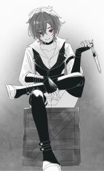  1boy absurdres belt belt_collar black_gloves buttons choker collar collarbone collared_shirt commentary crate dagger fingerless_gloves genshin_impact gloves gradient_background greyscale grin hair_between_eyes hair_intakes hand_up highres holding holding_dagger holding_knife holding_weapon knife lapels lohen_(genshin_impact) lohen_(standardized_test)_(genshin_impact) looking_at_viewer male_focus mole mole_under_eye monochrome namul_uwu official_alternate_costume open_collar pants pinstripe_pattern pinstripe_vest red_eyes shirt short_hair sitting smile solo vest waistcoat weapon 