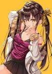  1girl :p animal_print arm_up bangs bare_shoulders black_skirt blush bow brown_bow brown_eyes brown_hair closed_mouth commentary_request eyebrows_visible_through_hair fingernails fur-trimmed_jacket fur-trimmed_sleeves fur_trim hair_between_eyes hair_bow highres idolmaster idolmaster_cinderella_girls jacket long_hair long_sleeves looking_at_viewer matoba_risa migimaki_(migi_mawashi) off-shoulder_shirt off_shoulder open_clothes open_jacket pleated_skirt print_bow print_shirt shirt simple_background skirt smile solo tiger_print tongue tongue_out twintails very_long_hair white_jacket yellow_background 