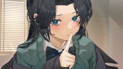  1girl absurdres black_hair blue_eyes bow bowtie butterfly-shaped_pupils closed_mouth commentary day finger_to_mouth green_sweater highres indoors long_hair looking_at_viewer original portrait shimiya_jin shushing sweater symbol-shaped_pupils untranslatable_commentary 