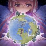  1girl album_cover cover earth fragile_(yes_album) gloves goddess_madoka kaname_madoka long_hair mahou_shoujo_madoka_magica parody pink_eyes pink_hair shingyouji_tatsuya smile solo space star_(sky) tree yes_(band) 