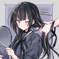  2girls black_choker black_dress black_hair black_ribbon checkered_clothes checkered_dress choker collared_shirt commentary dated dress grey_eyes happy_birthday highres holding holding_mirror kurobe_nanoka long_hair looking_at_mirror mahou_shoujo_no_majo_saiban mirror multiple_girls neck_ribbon one_eye_closed out_of_frame ribbon shirt smile taimu_(htrgt_31) tying_another's_hair untranslatable_commentary 
