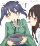  ! 2girls :t =_= akagi_(kantai_collection) blue_eyes blue_hair blush_stickers bowl brown_hair eating food hair_ribbon japanese_clothes kantai_collection kimono looking_at_another maruki_(punchiki) multiple_girls noodles ribbon shared_food simple_background sketch soba souryuu_(kantai_collection) spoken_exclamation_mark twintails twitter_username white_background 