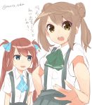  2girls asagumo_(kantai_collection) brown_eyes brown_hair double_bun folded_hair furrowed_eyebrows green_eyes hair_rings kantai_collection maruki_(punchiki) michishio_(kantai_collection) multiple_girls open_mouth suspenders sweatdrop translation_request twintails twitter_username 
